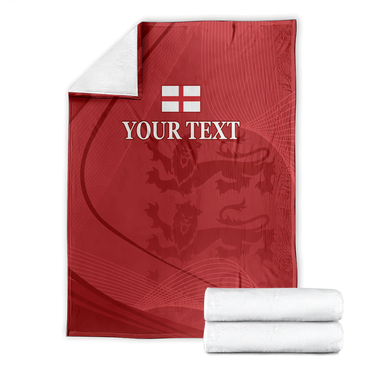 Red cricket blanket with white England emblem and 'YOUR TEXT' folded with two white towels