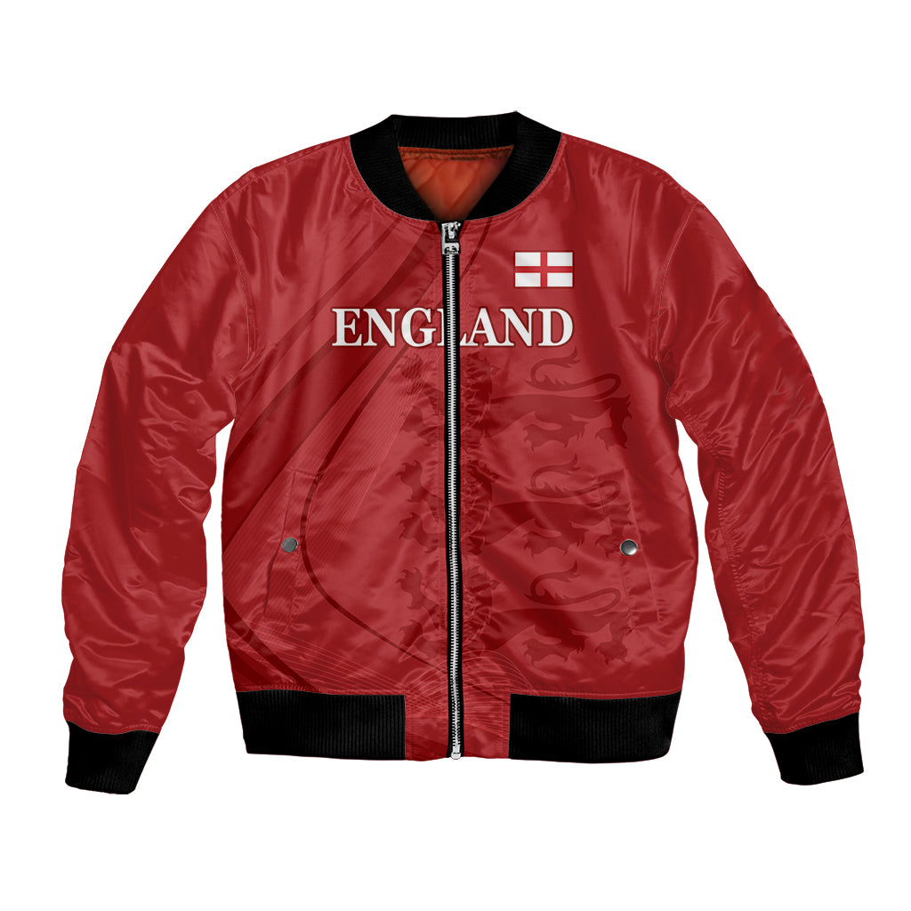 Red bomber jacket with black rib trim and front zip; England graphic on chest