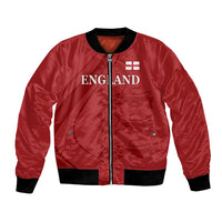 Red bomber jacket with black rib trim and front zip; England graphic on chest
