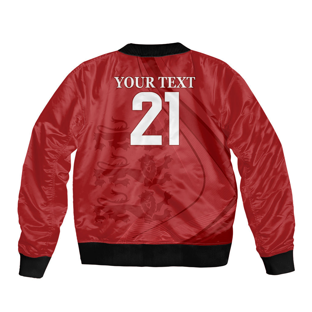 Red bomber jacket with black rib trim and front zip; large back print with number 21