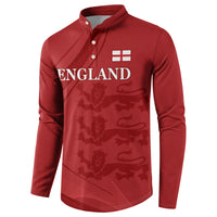 Red button-front sweatshirt with long sleeves, England text and flag badge