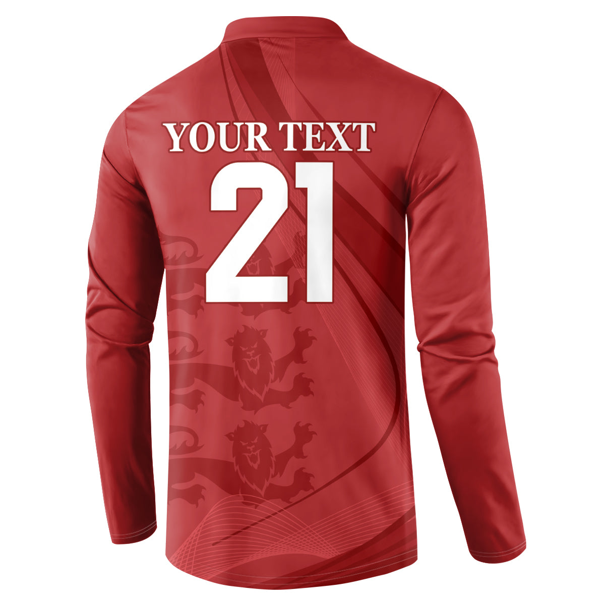 Red long-sleeve sweatshirt back print: YOUR TEXT 21 with lion pattern