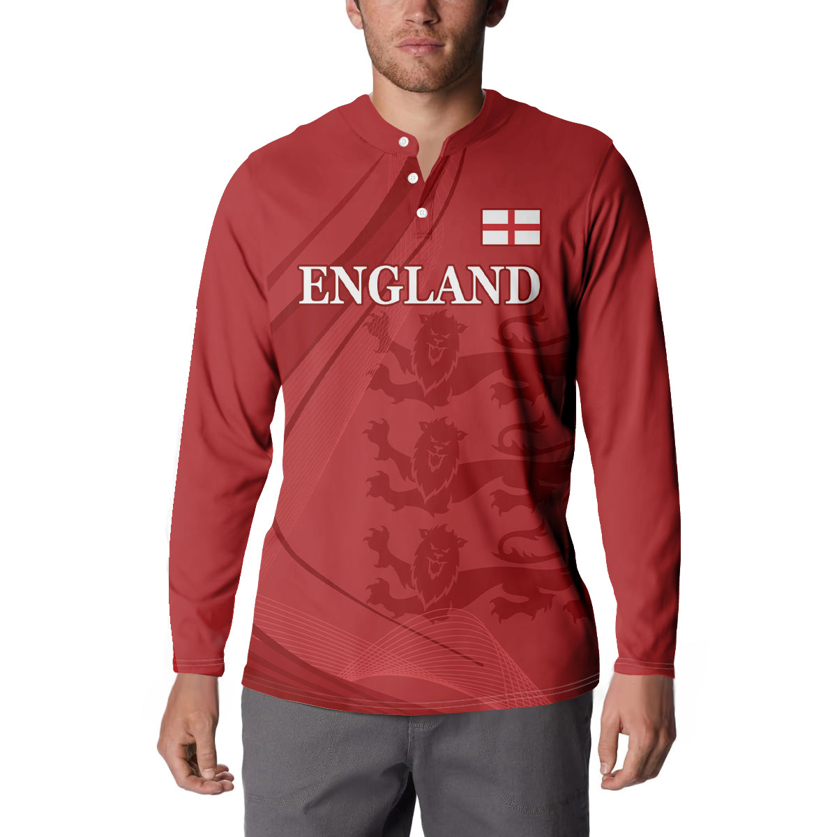 Red button-front sweatshirt with long sleeves, England text and flag badge on model