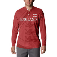 Red button-front sweatshirt with long sleeves, England text and flag badge on model