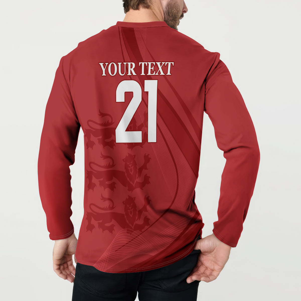 Red long-sleeve sweatshirt back: YOUR TEXT 21 number print with lion pattern