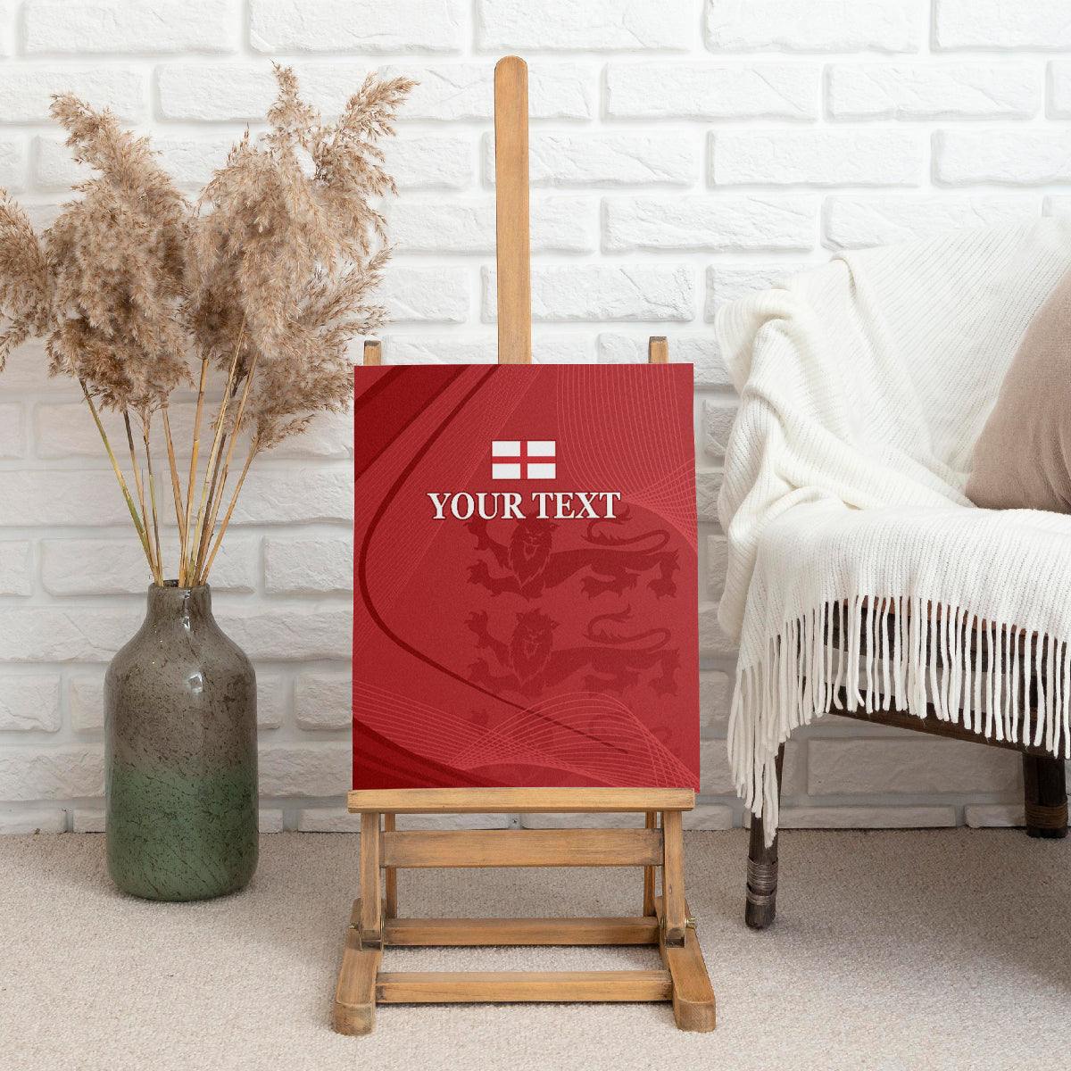 Red canvas wall art on easel with lions motif, England flag icon, and 'YOUR TEXT'.