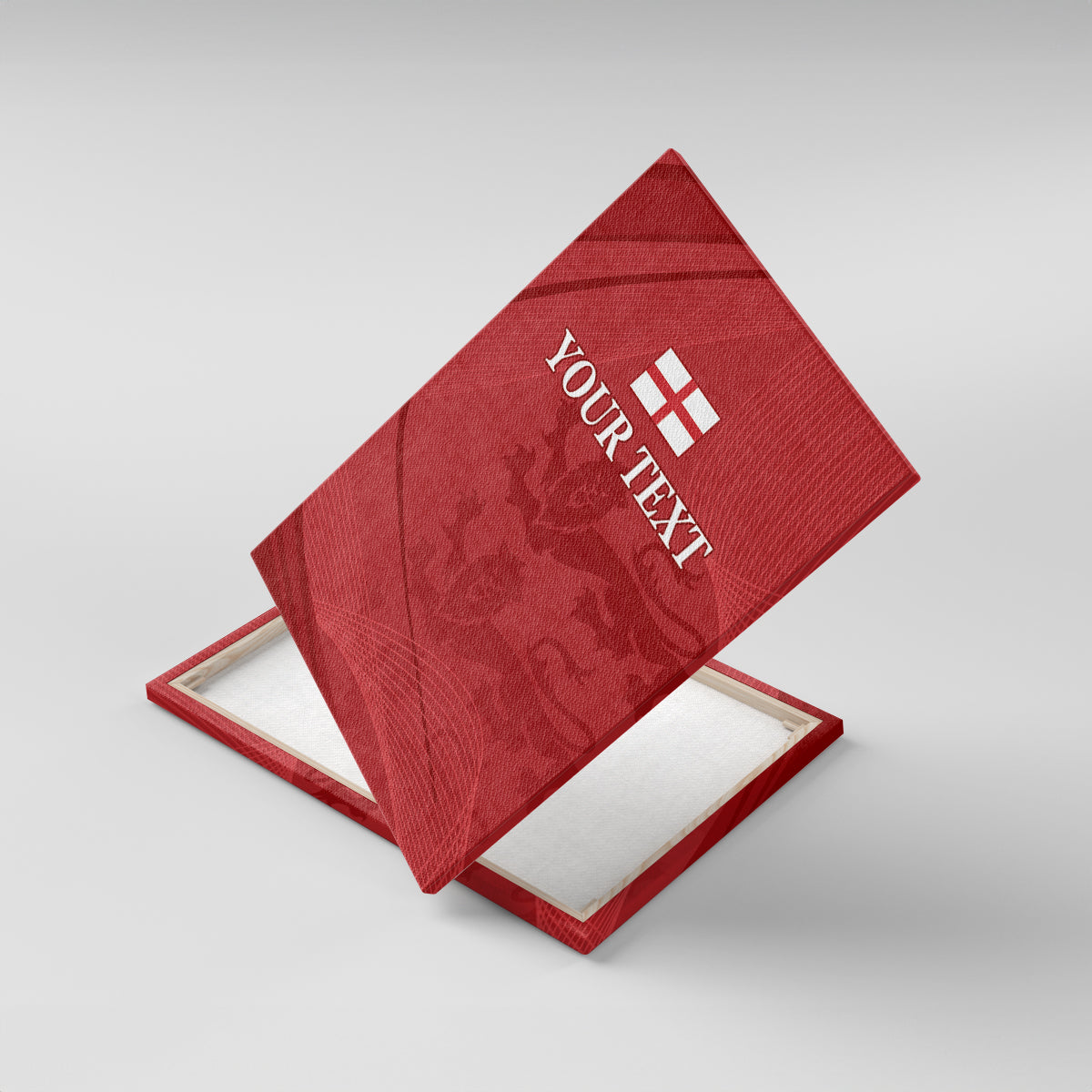 Red canvas wall art on angled support with England flag icon and 'YOUR TEXT'.