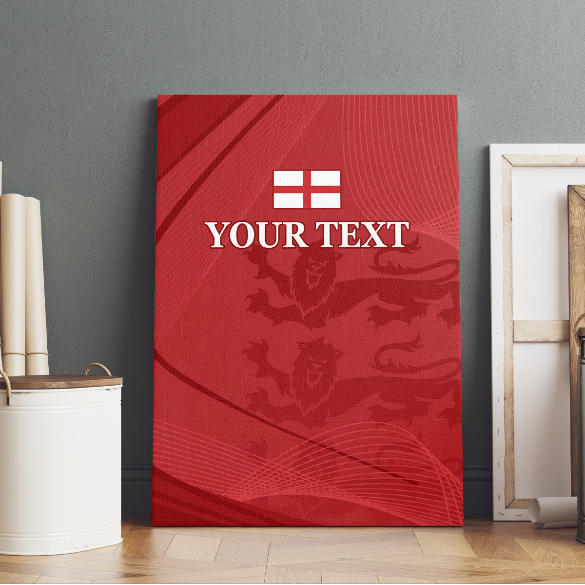 Red canvas wall art featuring lions motif, England flag icon, and 'YOUR TEXT'.