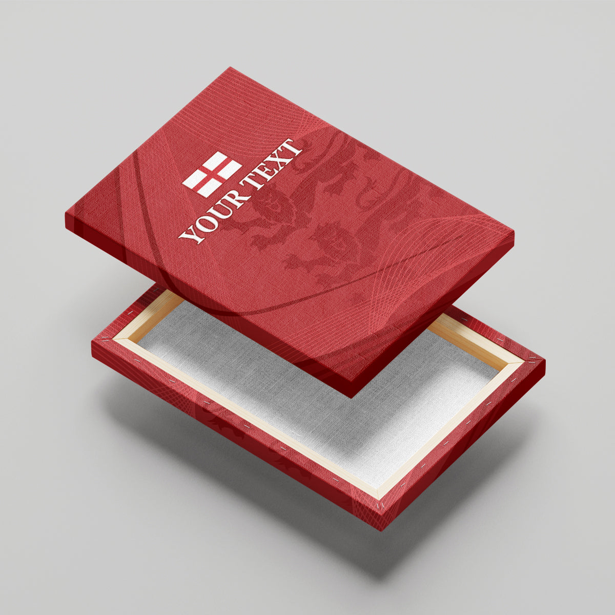 Red canvas wall art angled on wooden base, showing lions pattern and 'YOUR TEXT'.