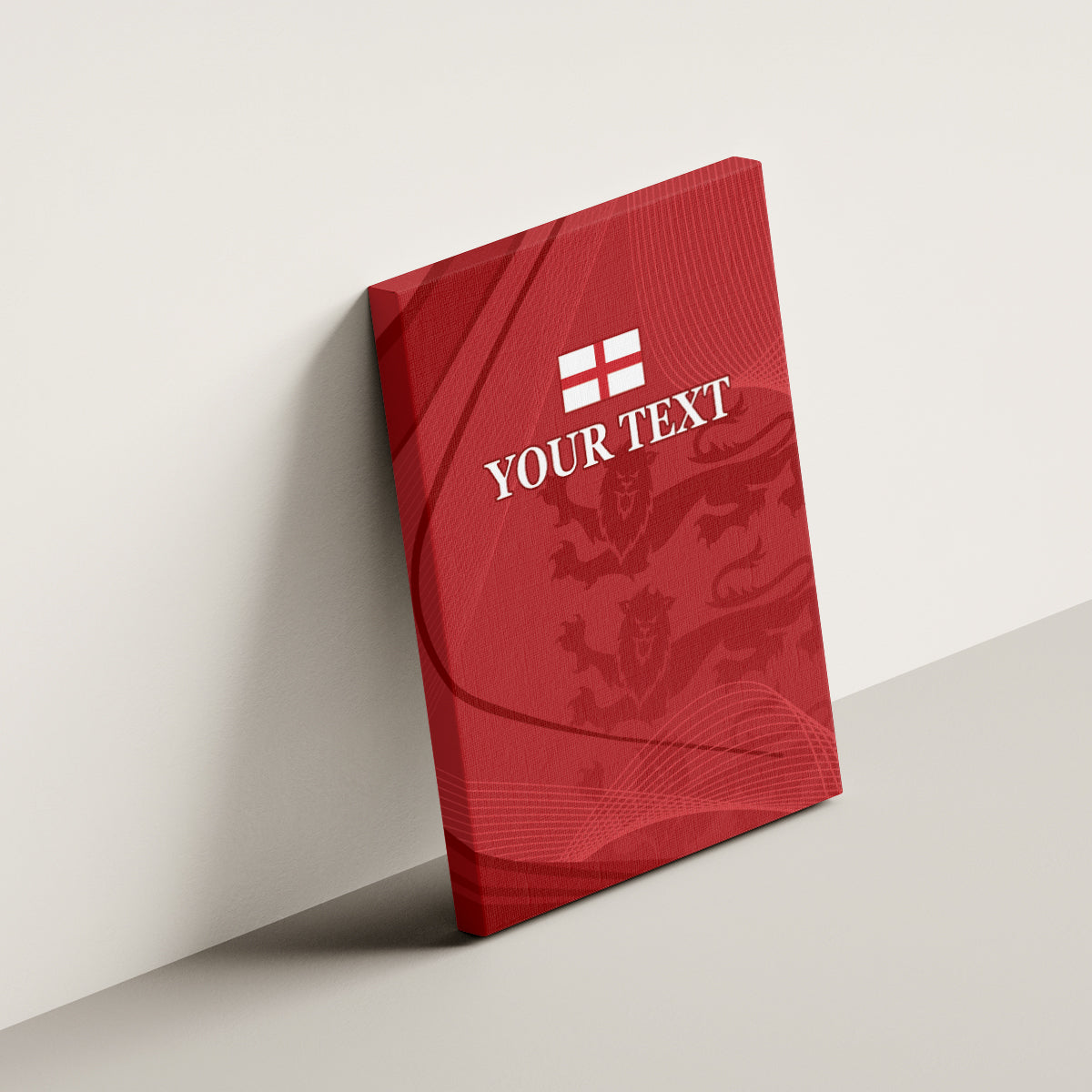 Red canvas wall art mounted on wall with lions motif, England flag icon, and 'YOUR TEXT'.