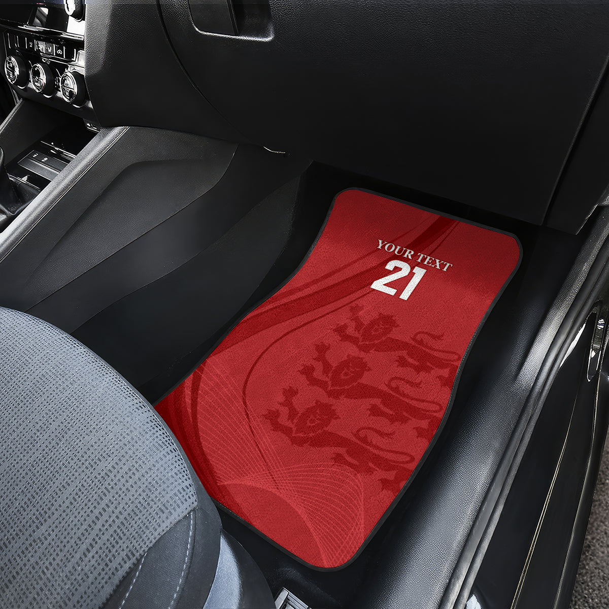 Red front seat car mat with lion pattern and '21' text on the surface