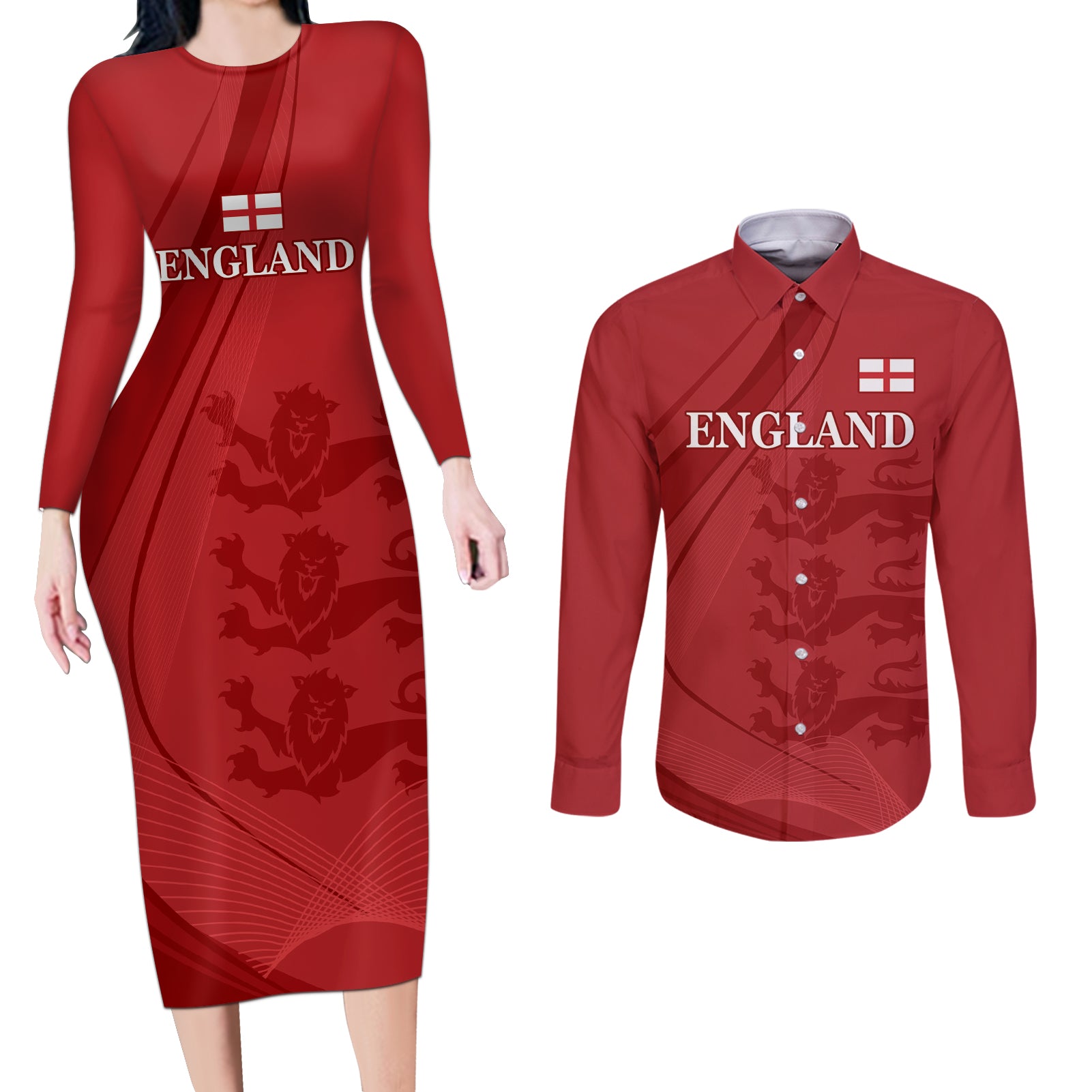 England Cricket World Cup 2024 Couples Matching Long Sleeve Bodycon Dress and Long Sleeve Button Shirt Tri Lions Make Champions LT9 - Wonder Print Shop