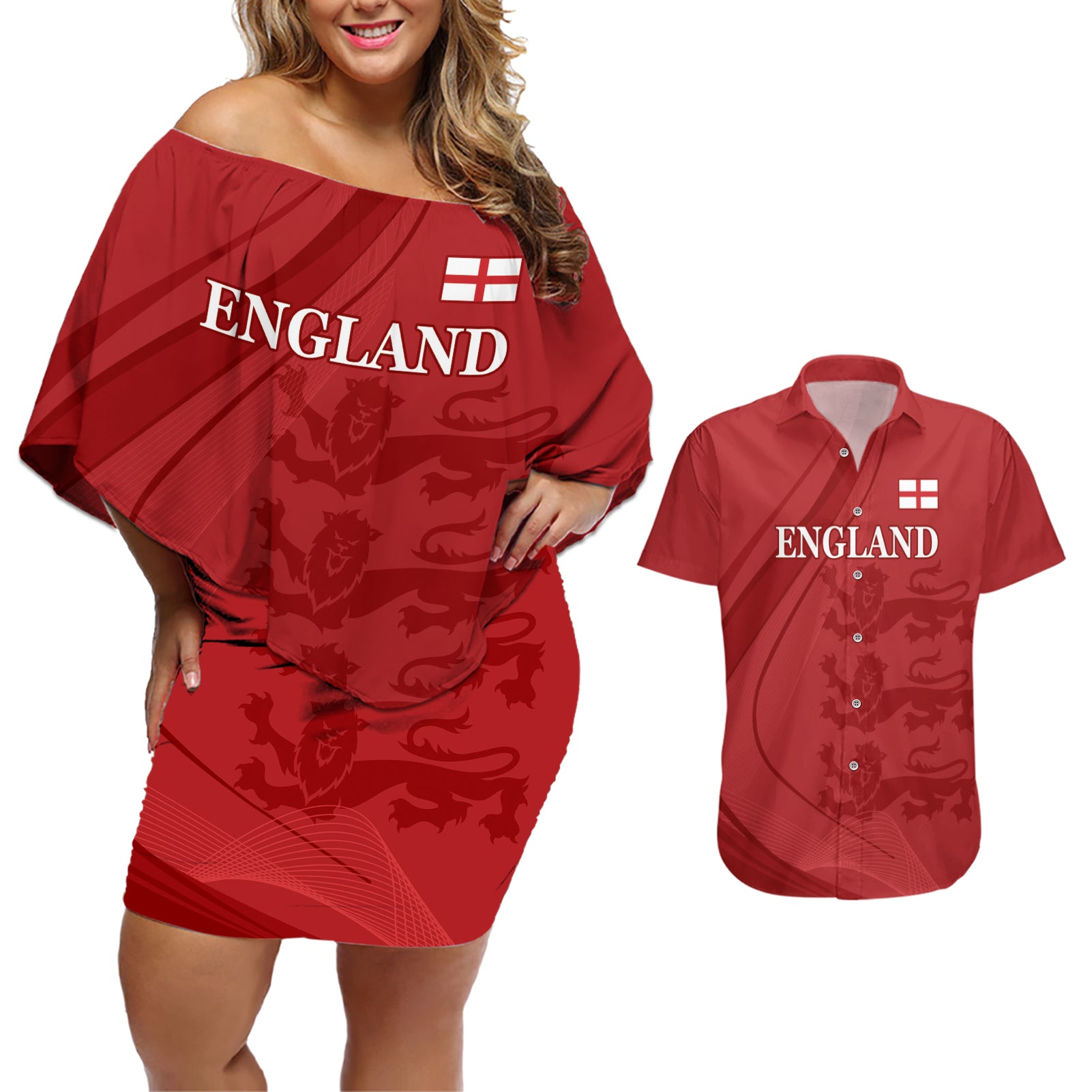 England Cricket World Cup 2024 Couples Matching Off Shoulder Short Dress and Hawaiian Shirt Tri Lions Make Champions LT9 - Wonder Print Shop