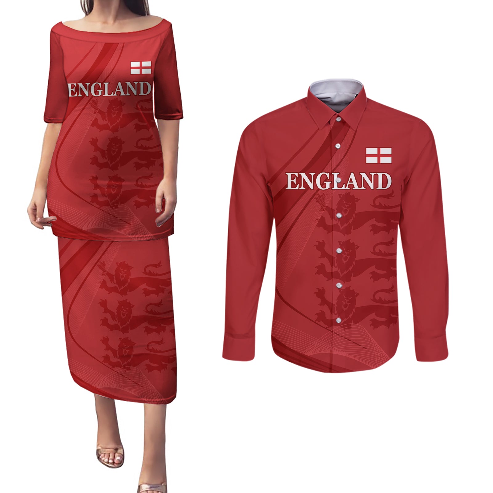 England Cricket World Cup 2024 Couples Matching Puletasi and Long Sleeve Button Shirt Tri Lions Make Champions LT9 - Wonder Print Shop