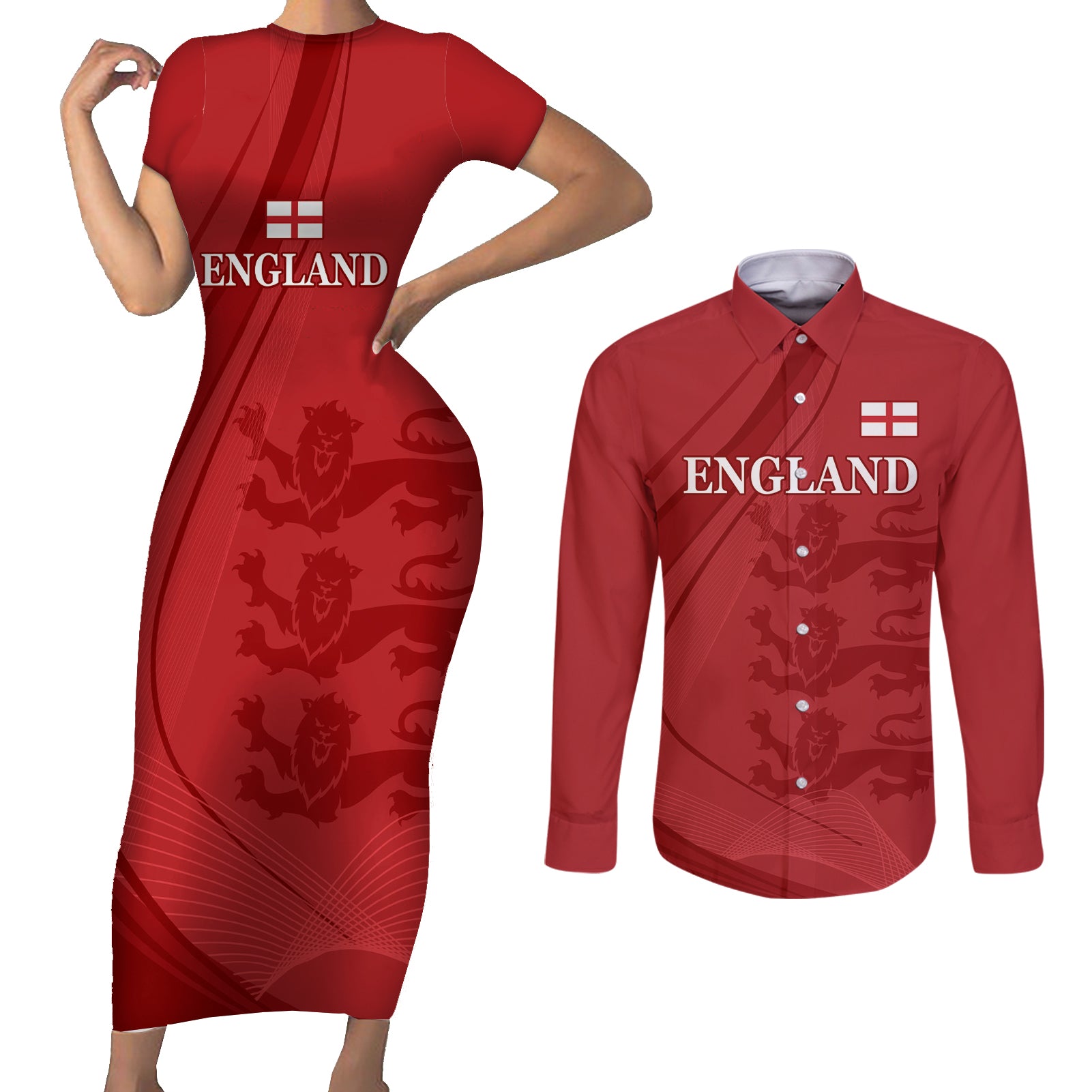 England Cricket World Cup 2024 Couples Matching Short Sleeve Bodycon Dress and Long Sleeve Button Shirt Tri Lions Make Champions LT9 - Wonder Print Shop