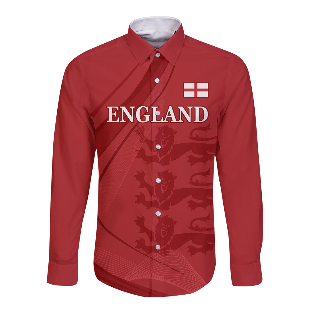 Red long-sleeve button shirt front with 'ENGLAND' text, white emblem, and collar buttons