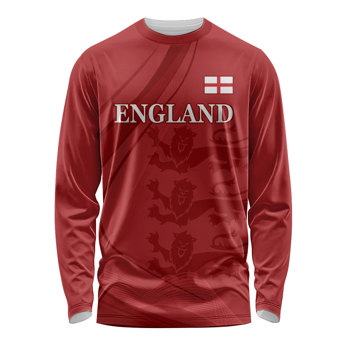 Red long-sleeve cricket shirt with England logo and lion graphic front
