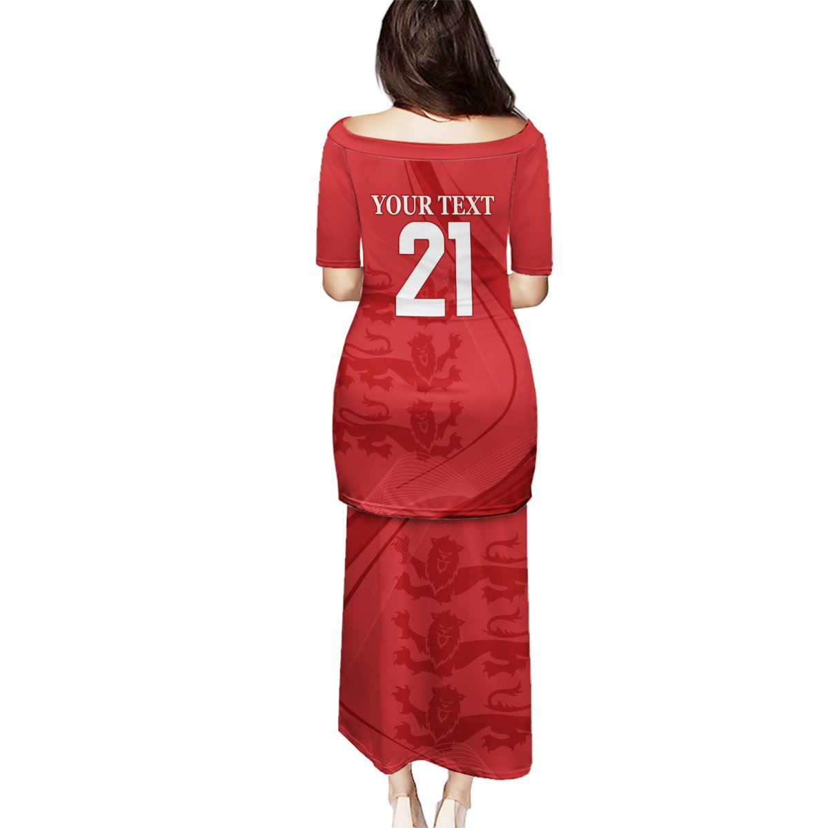 Red long cricket-themed dress, back print 'YOUR TEXT' and number 21