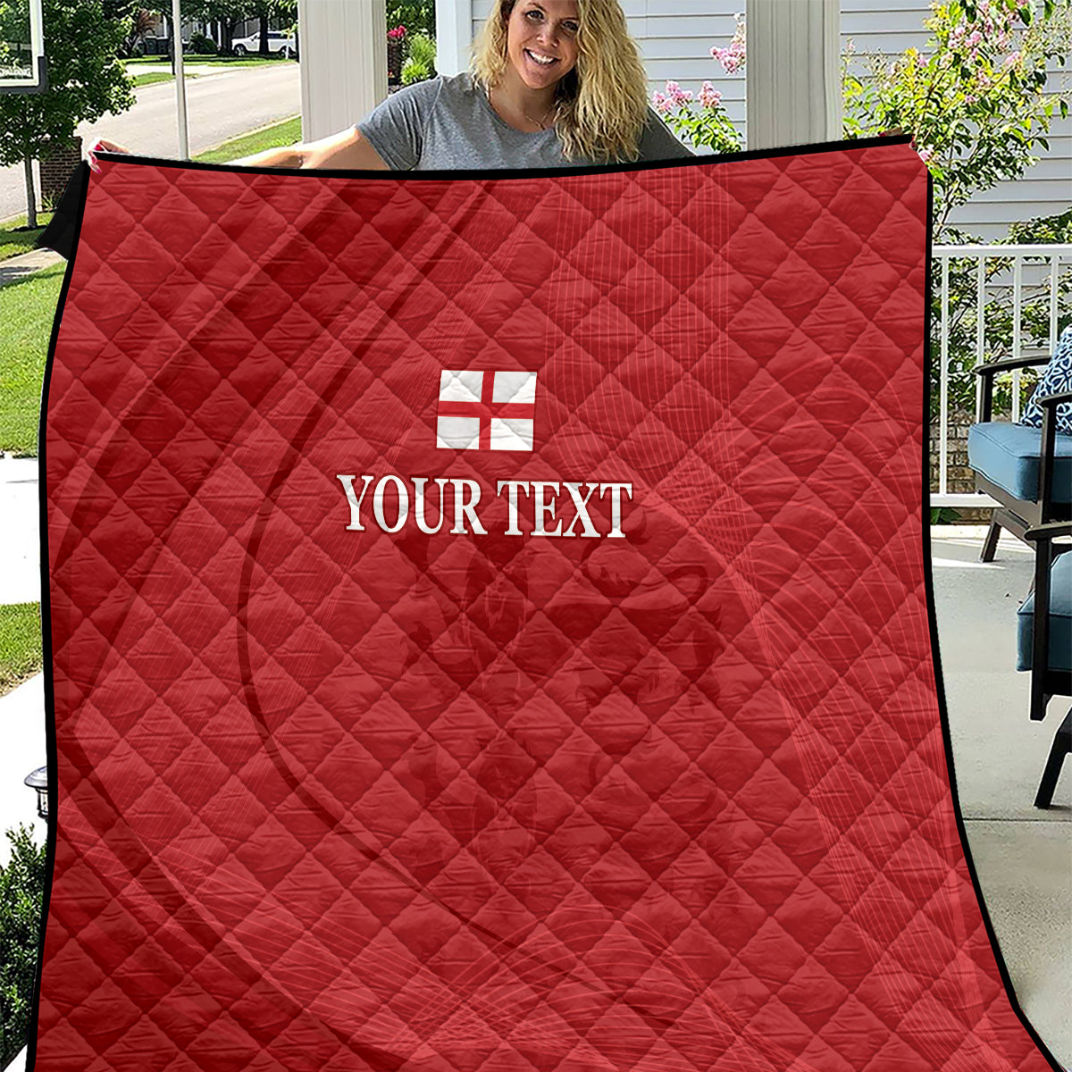 Red quilt with diamond stitching, England flag cross and “YOUR TEXT” center.