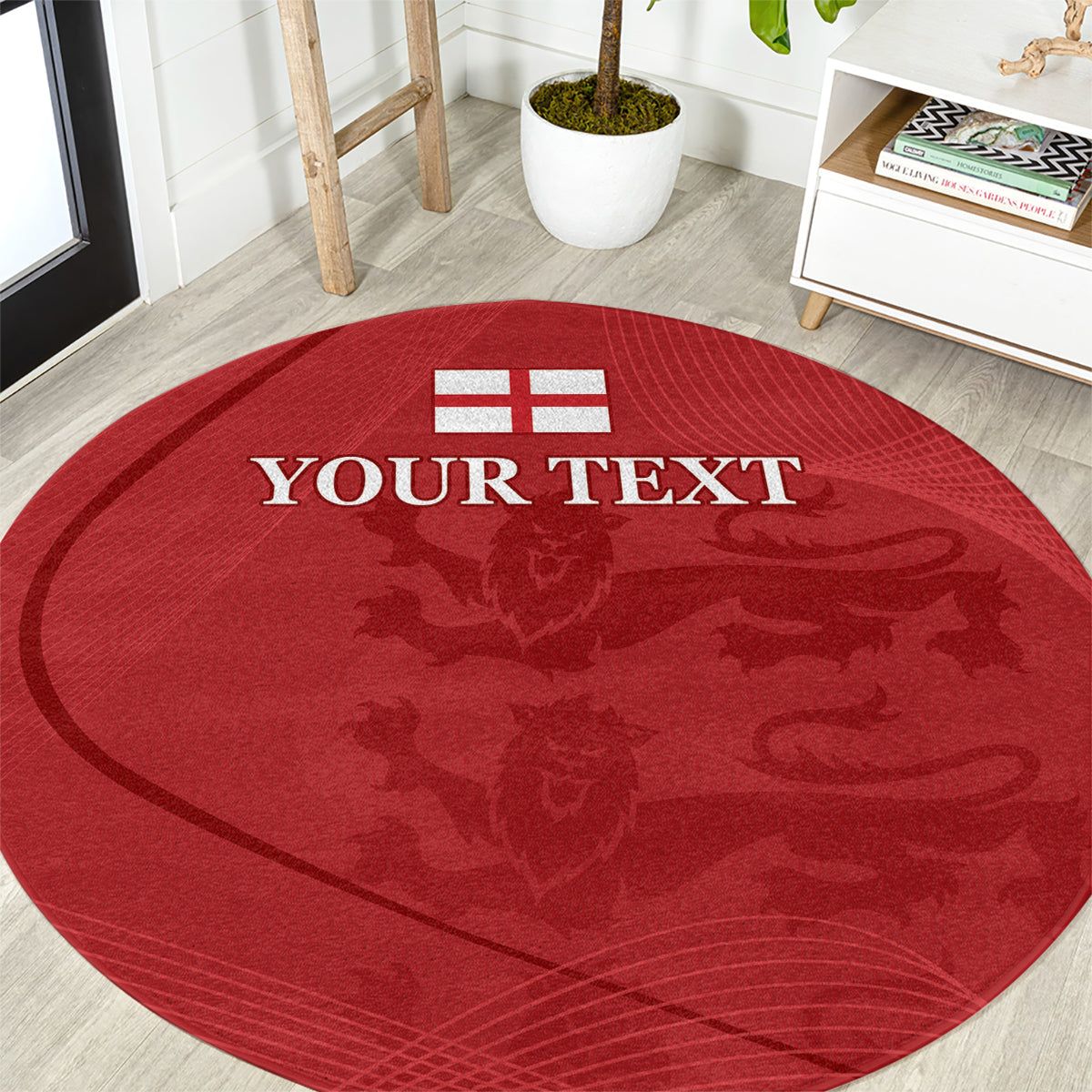 Red circular rug featuring England flag and lion pattern, "YOUR TEXT" in large letters
