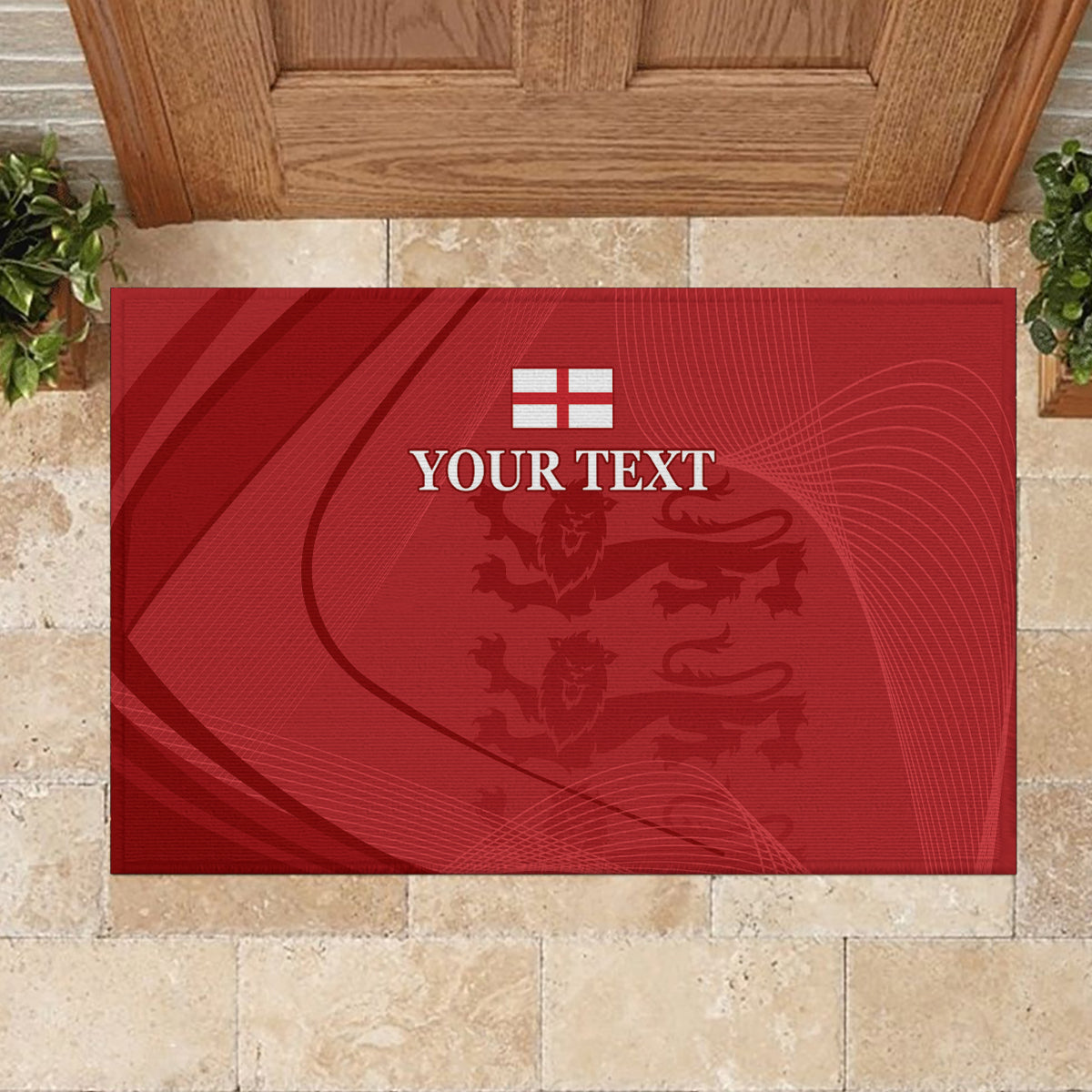 Red rubber doormat with YOUR TEXT and lion crest graphic, at entryway
