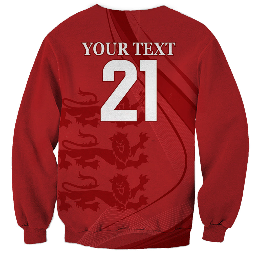 Red crewneck sweatshirt back with large 21 number and Your Text print