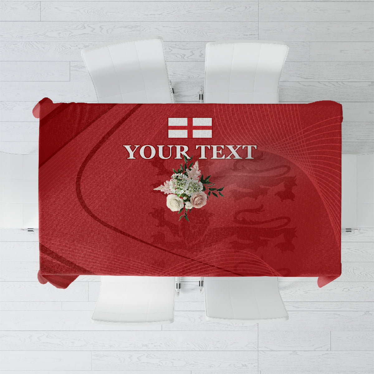 Red tablecloth with England flag and central crest graphic, rectangular table cover