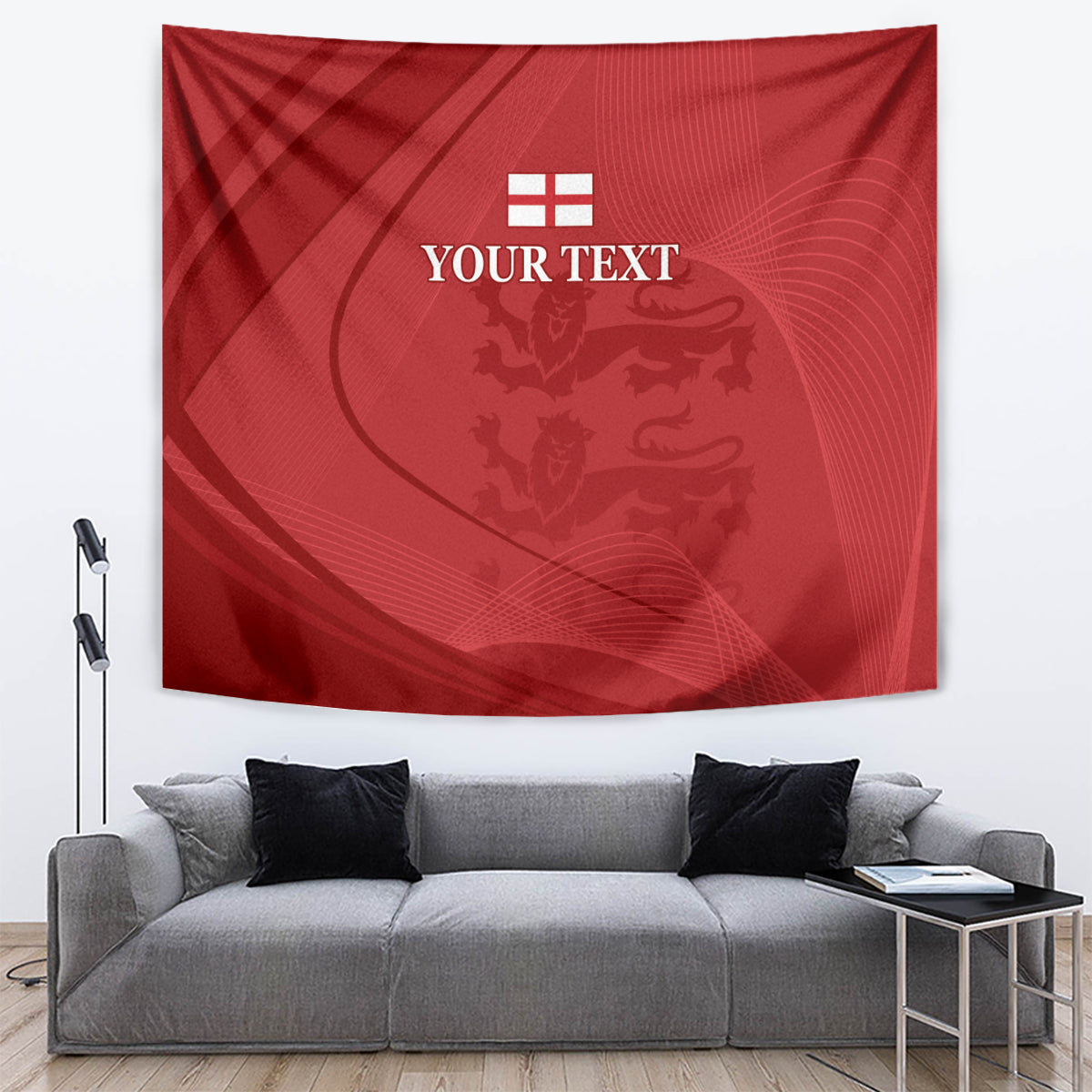 Red wall tapestry with England flag icon, lion emblem, and gold 'YOUR TEXT' lettering