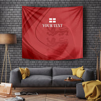 Red wall tapestry with England flag icon, lion emblem, and 'YOUR TEXT' centered in gold