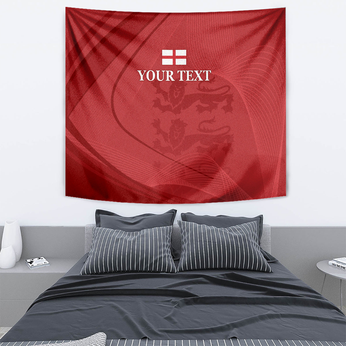 Red wall tapestry with England flag icon, lion emblem, and 'YOUR TEXT' text in gold