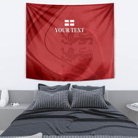 Red wall tapestry with England flag icon, lion emblem, and 'YOUR TEXT' text in gold