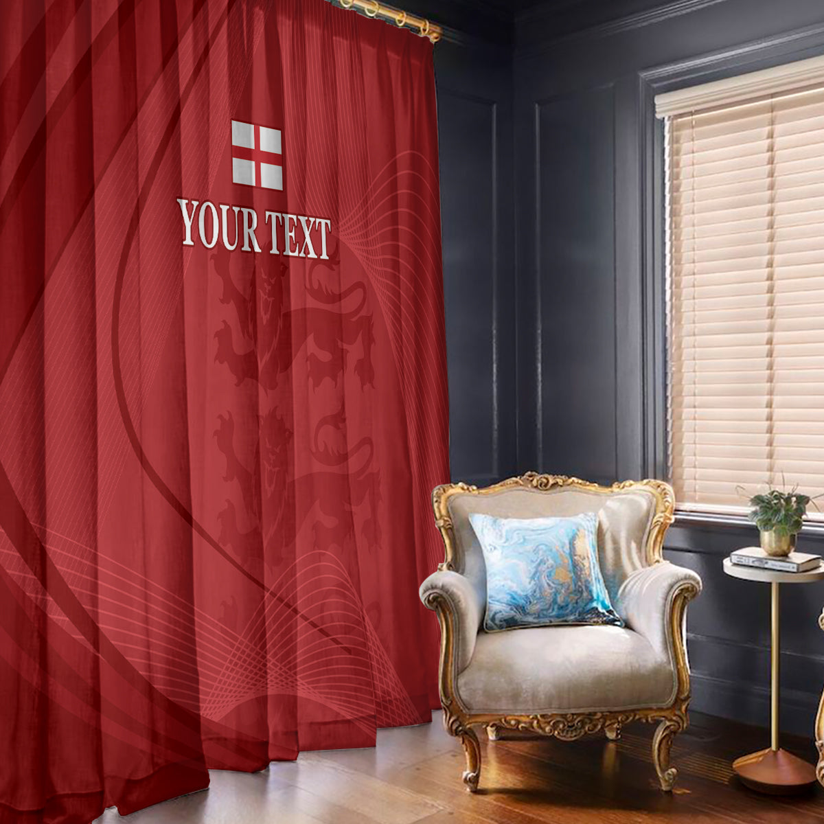 Red window curtain with custom text print and abstract emblem pattern