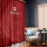 Red window curtain with custom text print and abstract emblem pattern