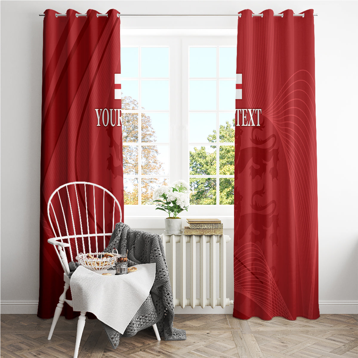 Red window curtains with custom text print and abstract emblem pattern, centered