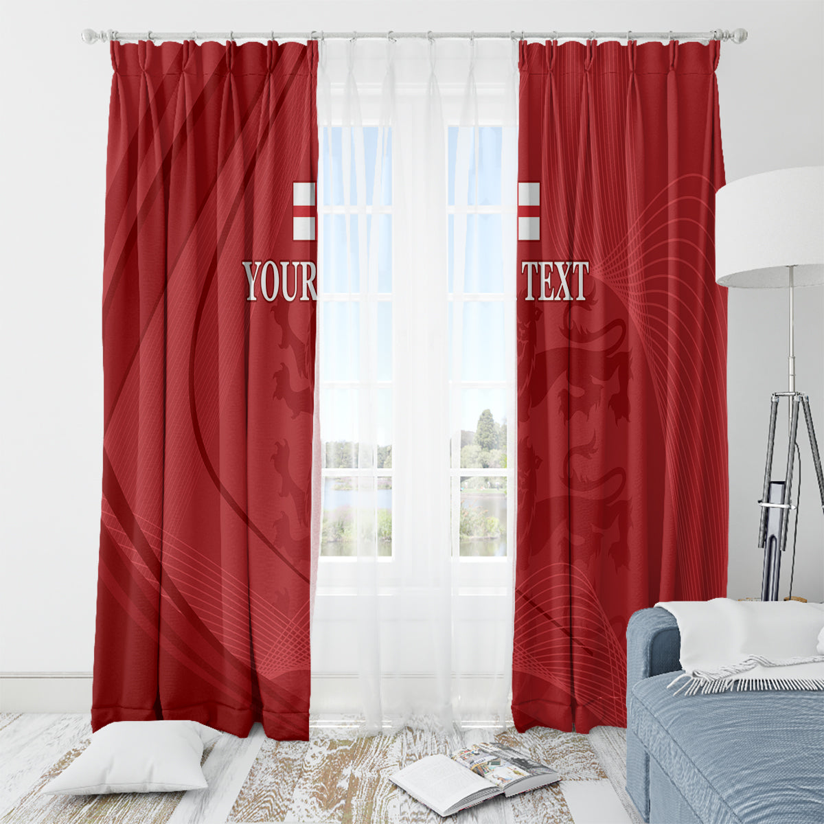 Red window curtain pair with custom text and abstract emblem pattern, framed by rod