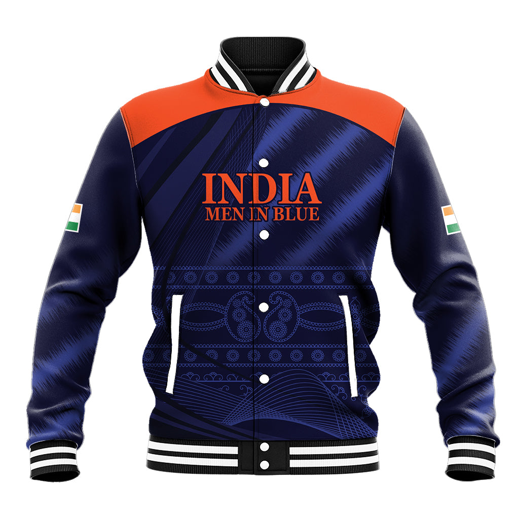 Men's blue varsity baseball jacket with orange shoulders, India crest graphic and snap buttons