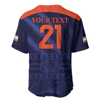 Men's blue cricket jersey, back YOUR TEXT 21 print with orange neckline stripe.