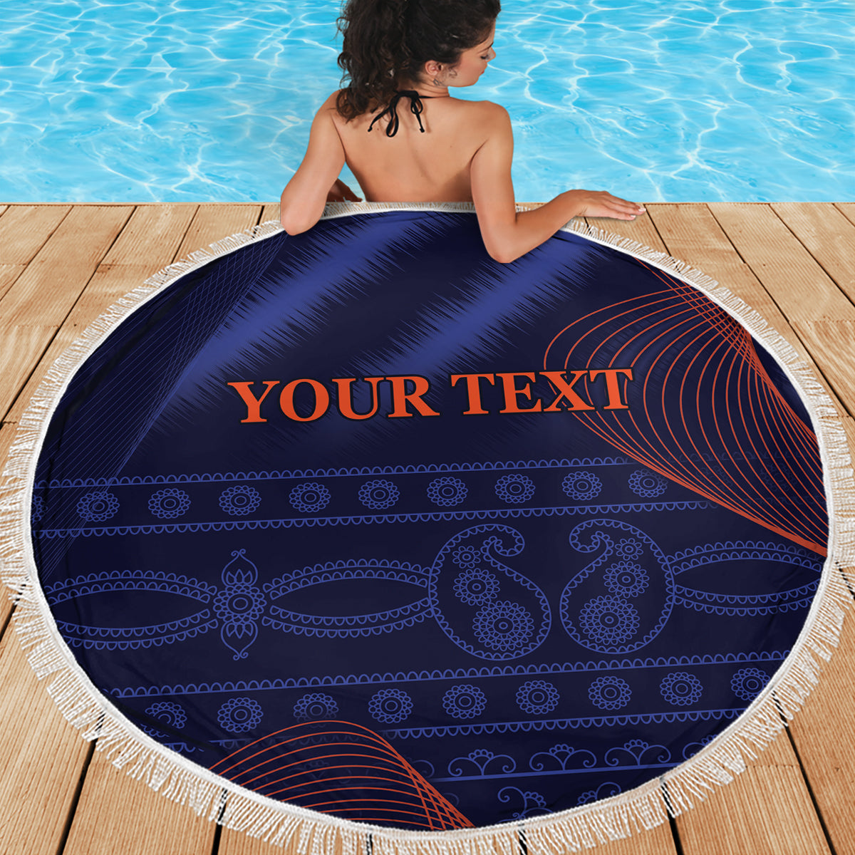 Blue round beach blanket with white fringe and patterned motif with 'YOUR TEXT' print