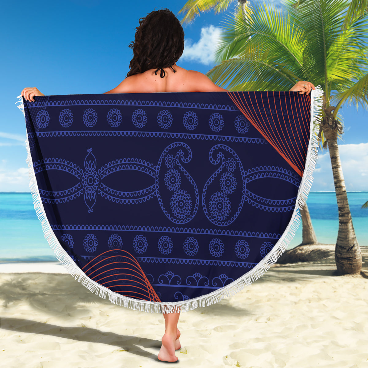 Blue round beach blanket with white fringe and blue patterned motif with 'YOUR TEXT' print