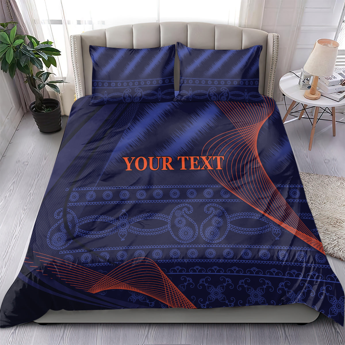 Blue bedding set with duvet and two matching pillowcases, “YOUR TEXT” centered design
