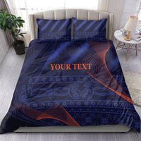 Blue bedding set with duvet and two matching pillowcases, “YOUR TEXT” centered design