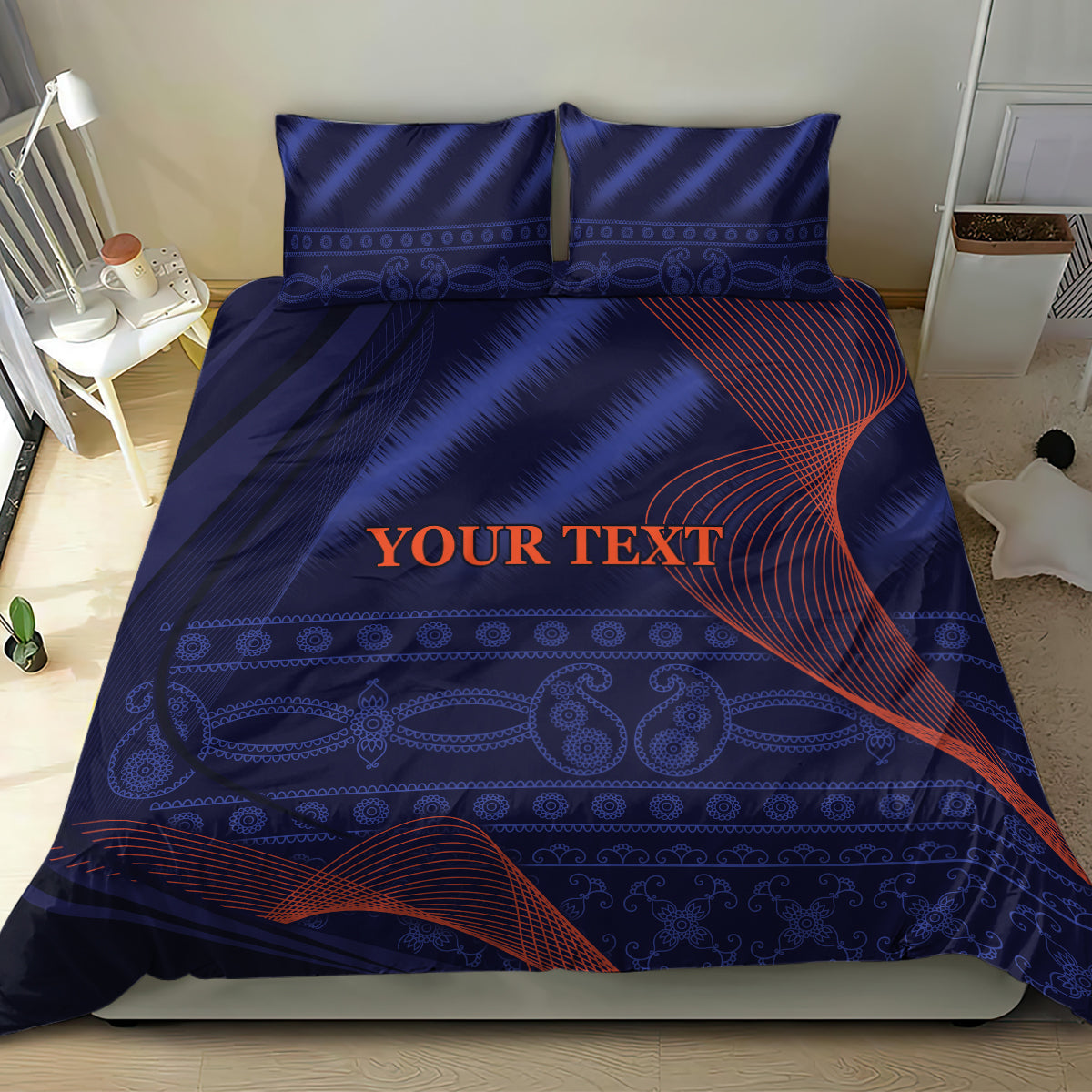 Blue bedding set with duvet and two pillowcases, geometric stripes and red-orange “YOUR TEXT”