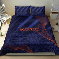 Blue bedding set with duvet and two pillowcases, geometric stripes and red-orange “YOUR TEXT”