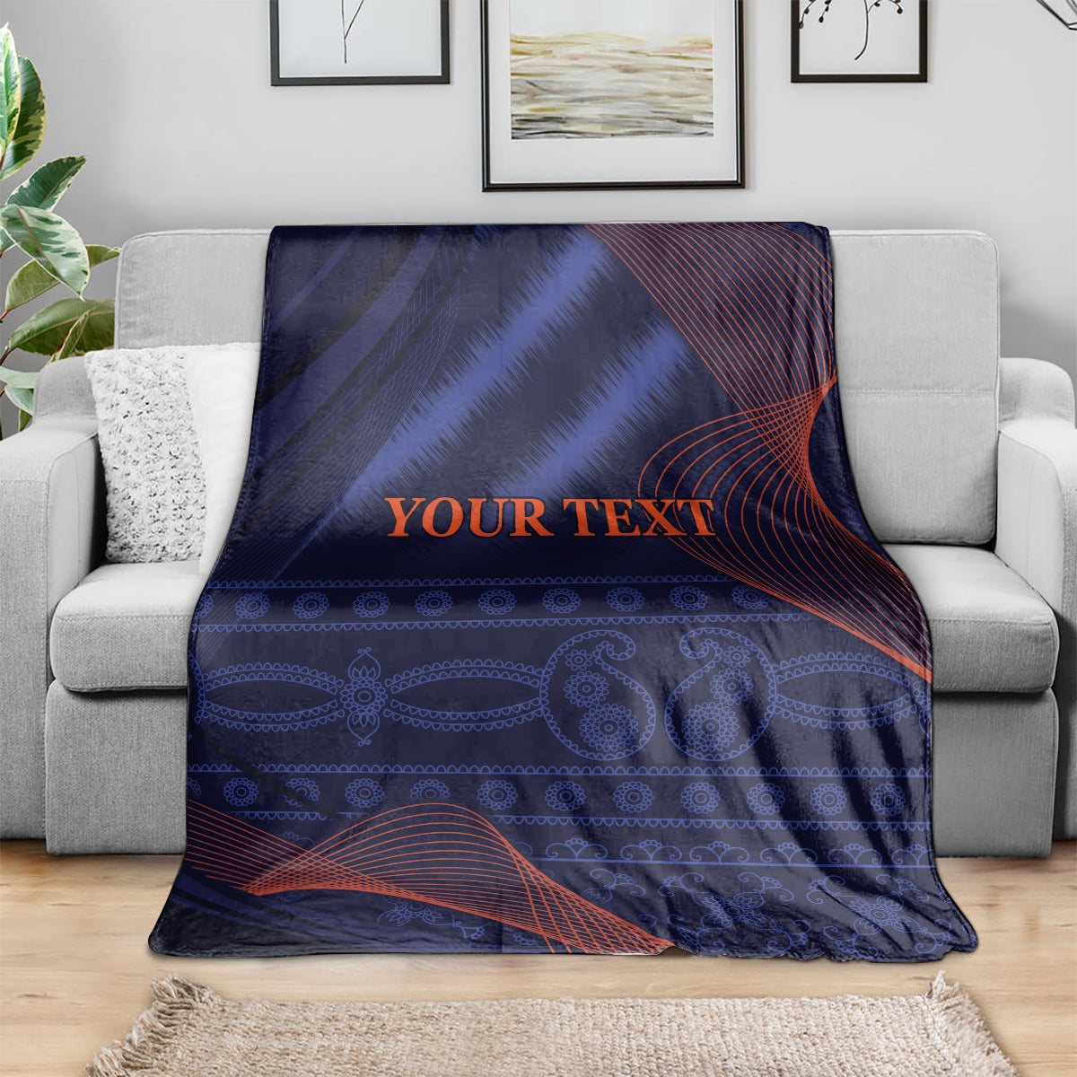 Blue blanket with red wave and stripe pattern, 'YOUR TEXT' printed