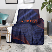 Blue blanket with red wave pattern and 'YOUR TEXT' text, draped