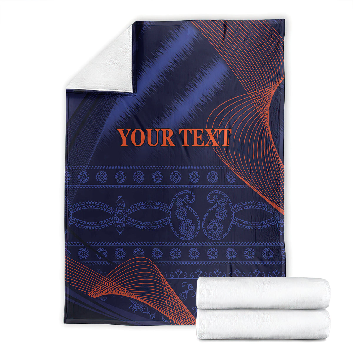 Blue blanket with red wave stripes and 'YOUR TEXT' text, folded