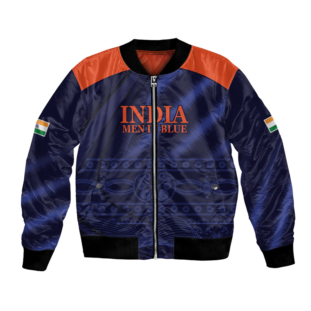 Men's navy bomber jacket with orange shoulders, zip front, ribbed cuffs, INDIA logo print