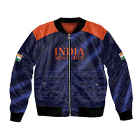Men's navy bomber jacket with orange shoulders, zip front, ribbed cuffs, INDIA logo print