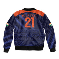 Men's blue satin bomber jacket, orange yoke, ribbed collar and cuffs, back print 21