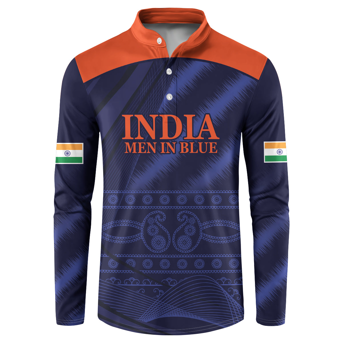 Men's navy button sweatshirt with orange yoke, India "Men in Blue" graphic